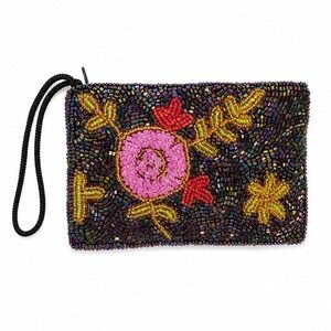 Vintage Small Coin Purse Beaded Floral Iridescent Purple Pink Wristlet Pouch